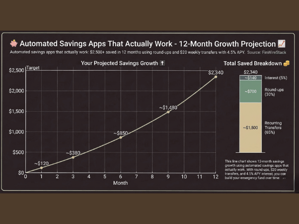 Automated savings apps that actually work growth chart showing savings accumulation from $0 to $2,500 over 12 months using round-ups, $20 weekly transfers, and 4.5% APY interest