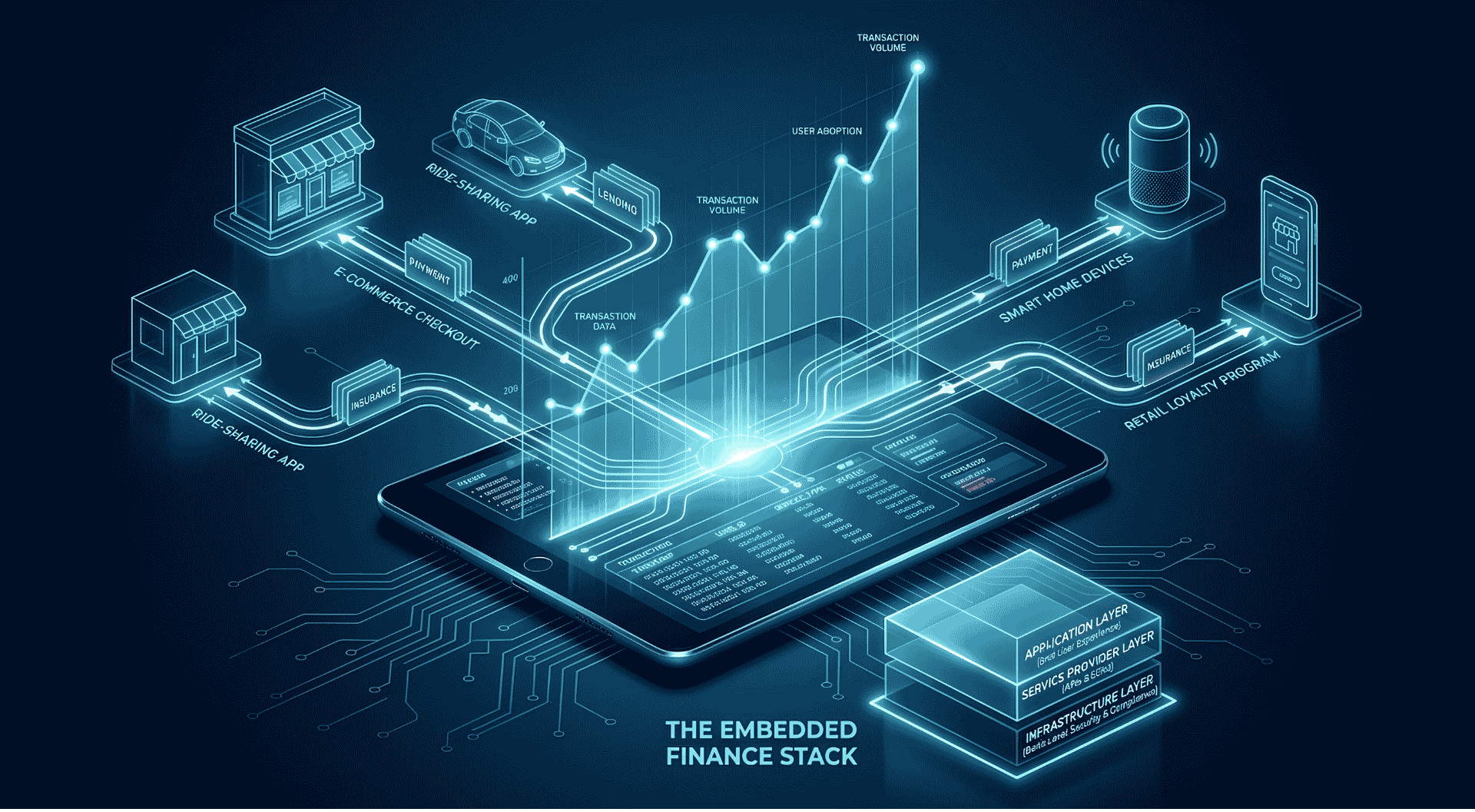 Embedded finance explained ecosystem map showing five layers: user interface, API integration, banking infrastructure, regulatory compliance, and key players including Stripe, Marqeta, Plaid, Klarna, Affirm, and Shopify Balance