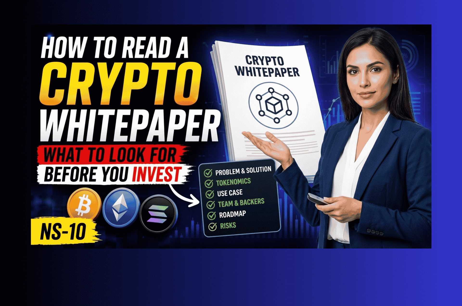 How to read a crypto whitepaper framework showing six evaluation components: project purpose, problem statement, solution, tokenomics, roadmap, and team verification