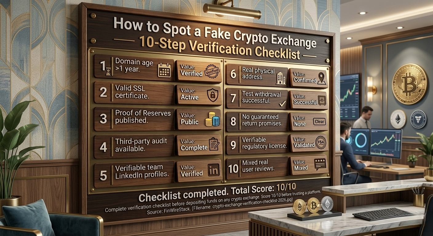 How to spot a fake crypto exchange 2026: 10-step verification checklist including domain age, SSL certificate, proof of reserves, third-party audit, verifiable team, real address, test withdrawal, no guaranteed returns, regulatory license, and mixed user reviews