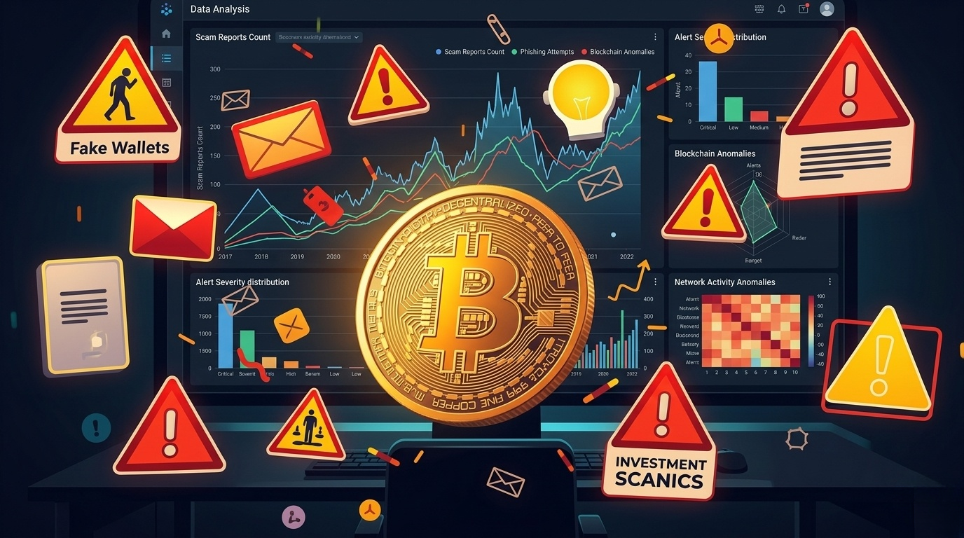 How to spot a fake crypto exchange 2026: crypto scam statistics chart showing scam reports count, phishing attempts, blockchain anomalies, fake wallets, network activity anomalies, and alert severity distribution with investment scams at highest severity