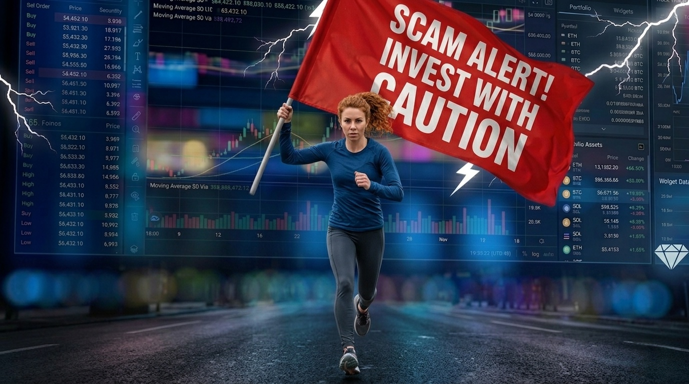 How to spot a fake crypto exchange infographic showing 8 red flags including unrealistic promises, no proof of reserves, and withdrawal freezes