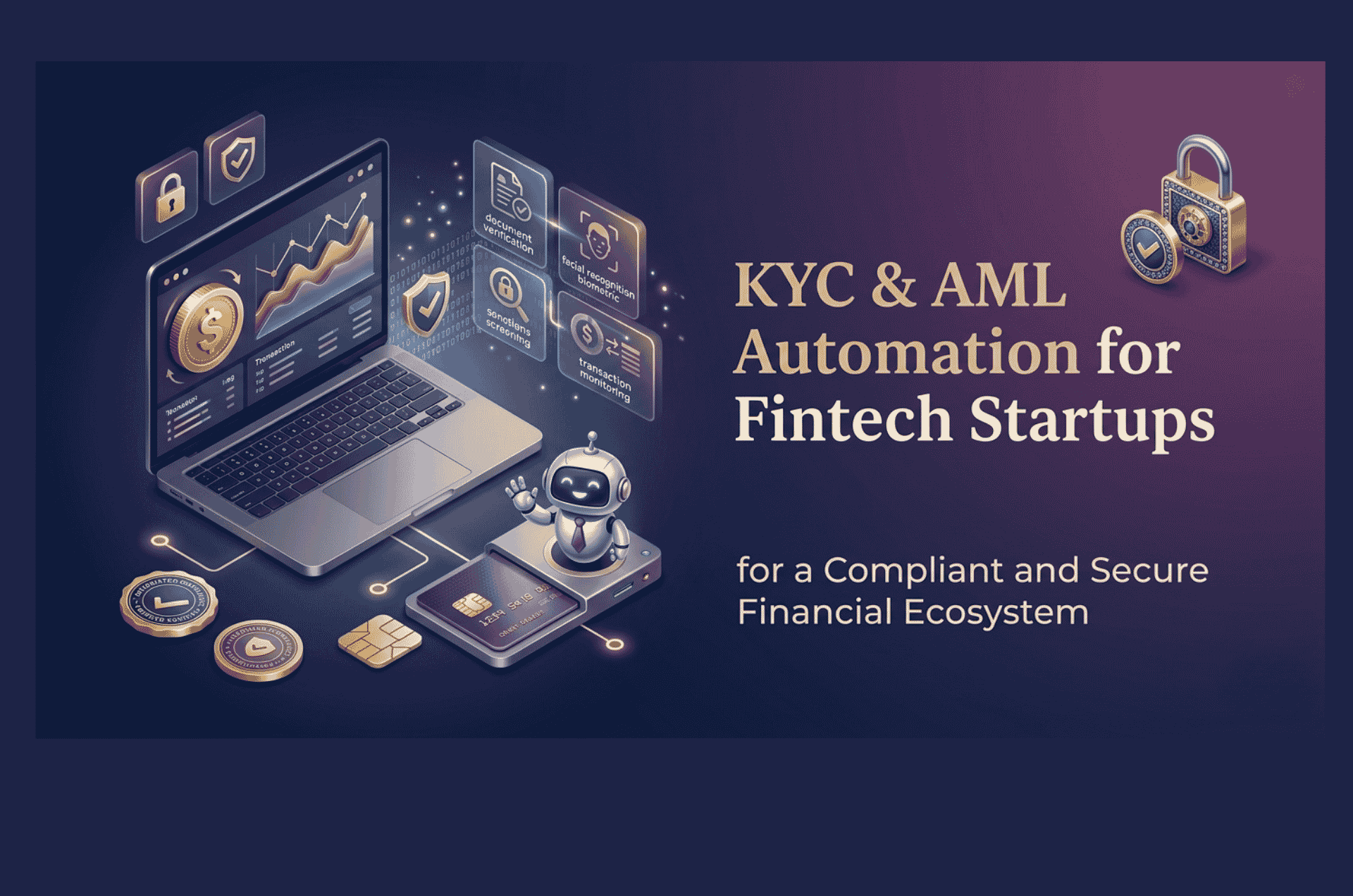 KYC/AML automation for fintech startups workflow showing four pillars: customer identification, watchlist screening, transaction monitoring, and regulatory reporting