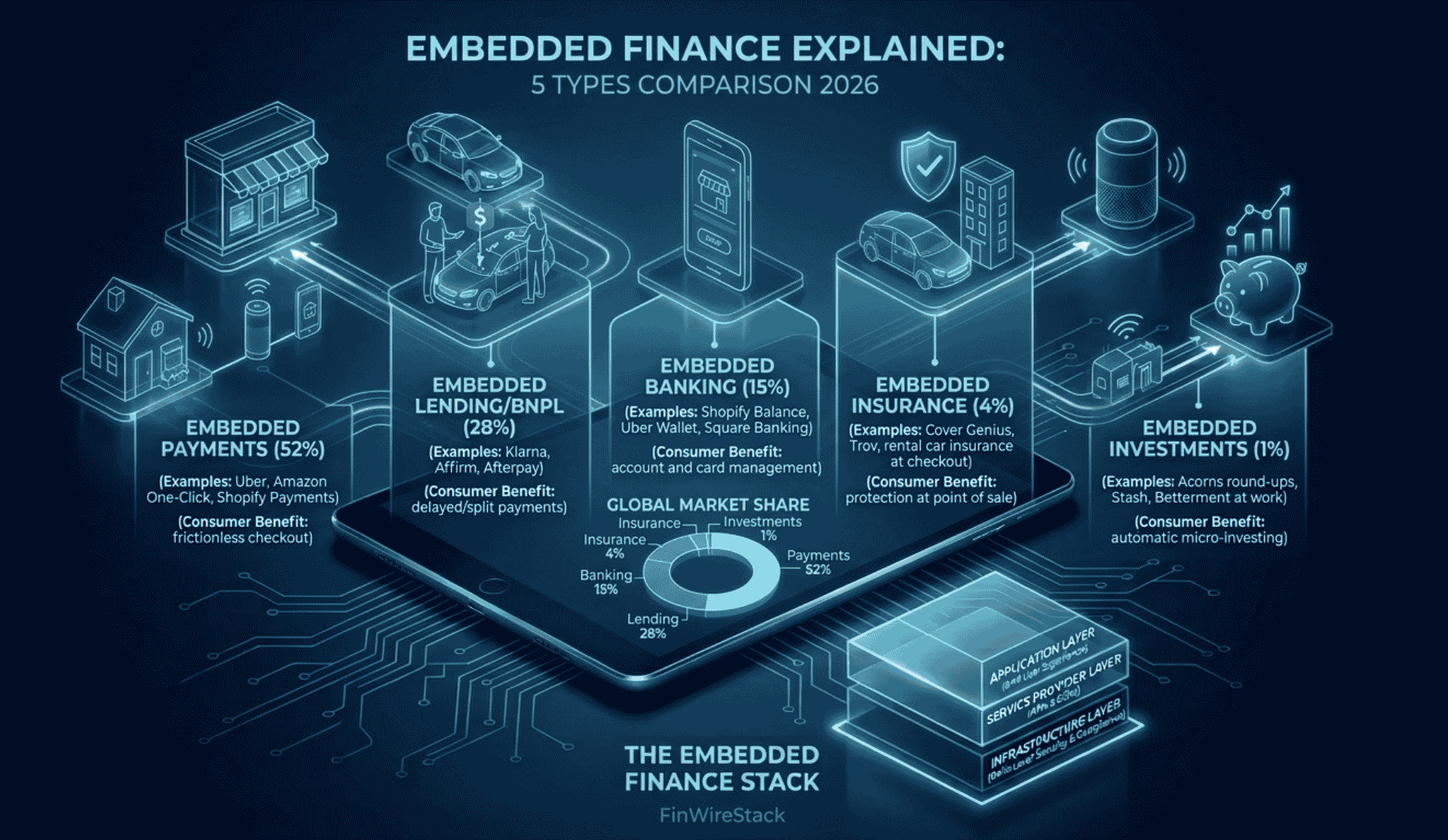 Embedded finance explained comparison of 5 types: embedded payments, embedded lending, embedded banking, embedded insurance, and embedded investments with examples and market share