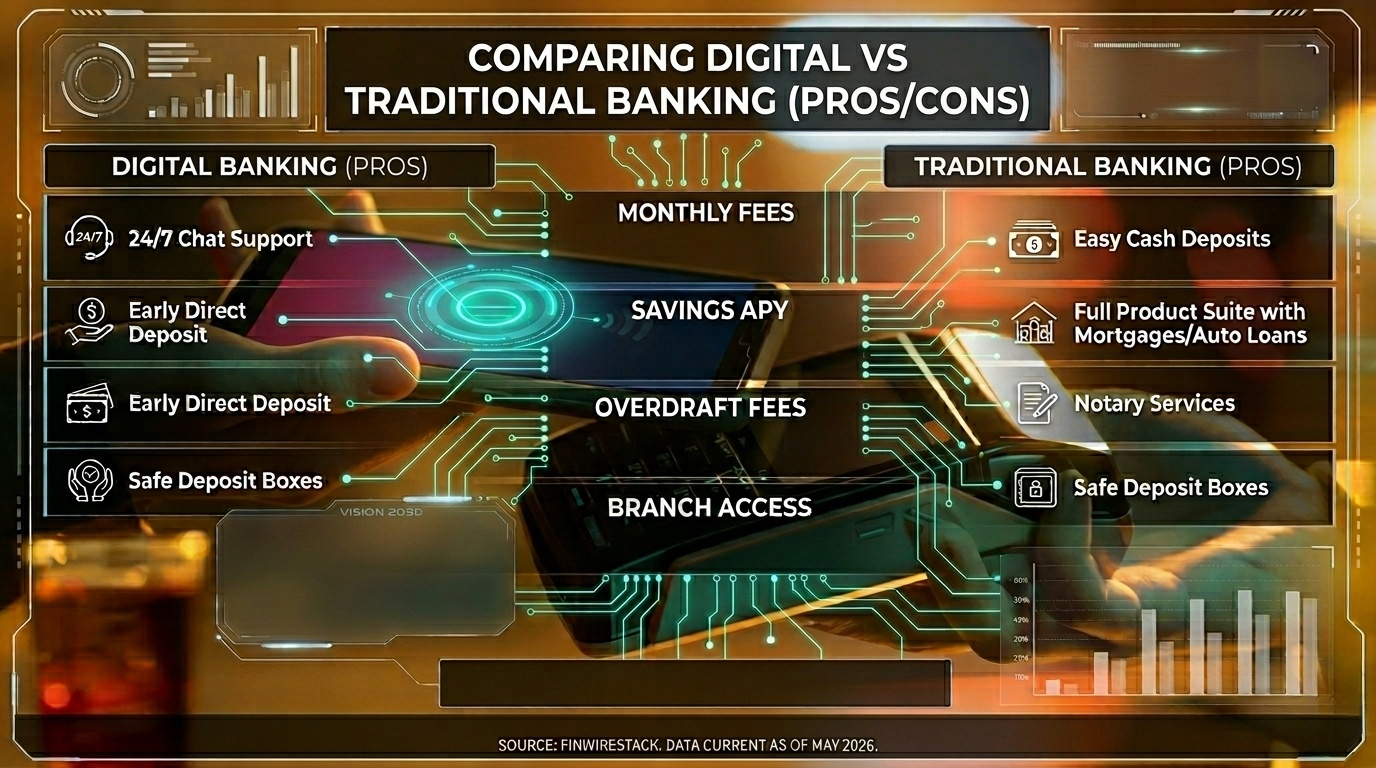 Digital banking vs traditional banking pros and cons cost comparison chart showing annual savings of $200-500+ by switching from traditional to digital banking including monthly fees, lost interest, and overdraft fees