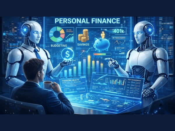 AI in personal finance 2026: 401k, retrenchment, budgeting, savings, and financial health categories visualized for personal finance management
