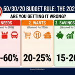 50/30/20 budget rule that 64% of Americans get wrong infographic showing 3 mistakes: mistaking wants for needs in 2026, treating debt payments as wants, and using gross pay instead of net pay with updated 2026 percentages: Needs 50-60%, Wants 20-25%, Savings/Debt 15-20%