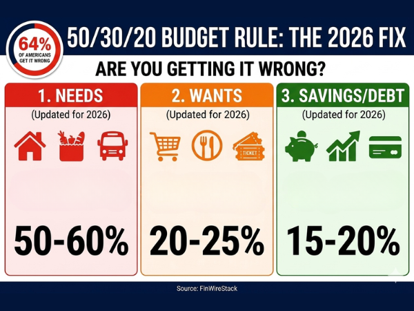 50/30/20 budget rule that 64% of Americans get wrong infographic showing 3 mistakes: mistaking wants for needs in 2026, treating debt payments as wants, and using gross pay instead of net pay with updated 2026 percentages: Needs 50-60%, Wants 20-25%, Savings/Debt 15-20%