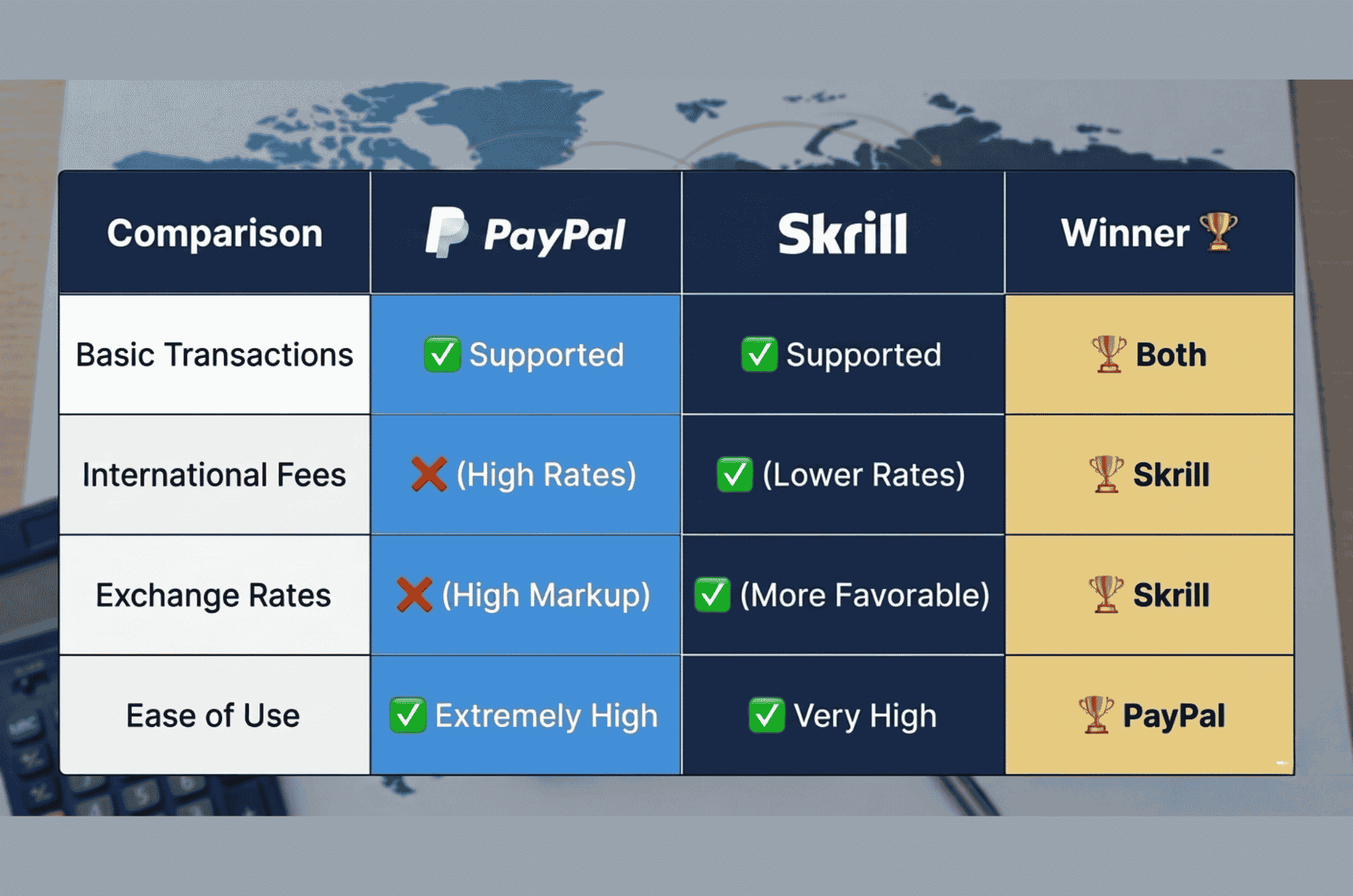 Color-coded table showing PayPal vs Skrill international fees winners: PayPal wins for domestic transfers and shopping, Skrill wins for bank transfers and crypto, neither wins for transparent pricing