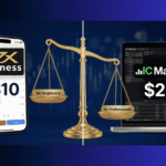 Exness vs IC Markets 2026 comparison showing Exness with 10 dollar minimum deposit on smartphone and IC Markets with 200 dollar minimum on laptop