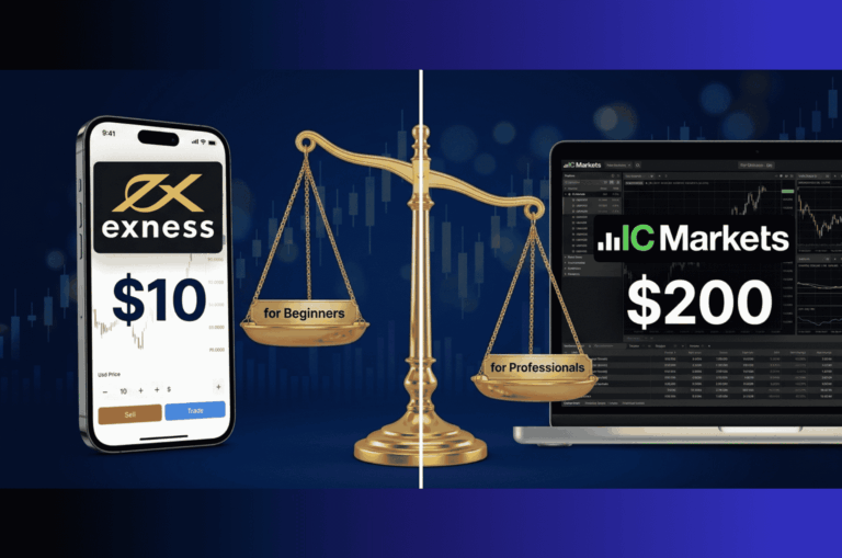 Exness vs IC Markets 2026 comparison showing Exness with 10 dollar minimum deposit on smartphone and IC Markets with 200 dollar minimum on laptop