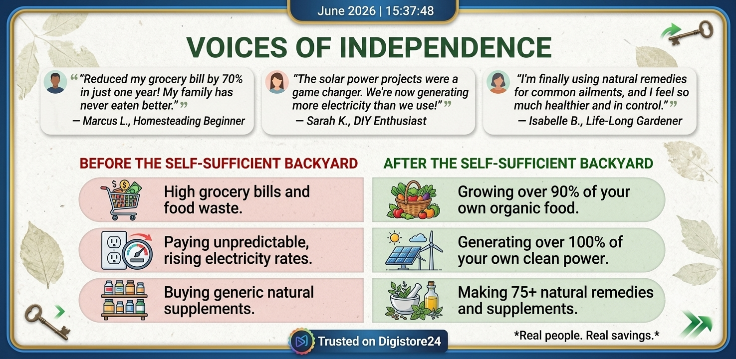 Testimonials for The Self-Sufficient Backyard and comparison chart showing before and after savings on groceries, electricity, and supplements