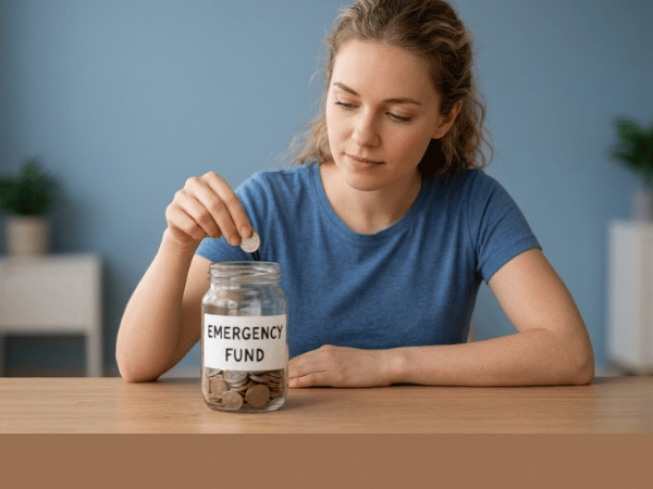 How to build an emergency fund from scratch in 2026: 7 steps showing set $500 goal, open high-yield savings account, start small with $5-20 per week, automate split direct deposit, find money leaks, use windfalls, and protect progress with 52% of Americans unable to cover $1,000 emergency