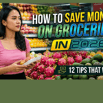 How to save money on groceries in 2026: 12 tips showing meal planning, shopping list, store brands, grocery pickup, sales cycles, digital coupons, whole foods instead of pre-cut, stop buying beverages, eat less meat, shop after eating, unit price comparison, and growing herbs with grocery prices up 25 percent since 2020