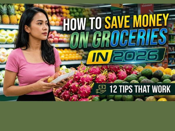 How to save money on groceries in 2026: 12 tips showing meal planning, shopping list, store brands, grocery pickup, sales cycles, digital coupons, whole foods instead of pre-cut, stop buying beverages, eat less meat, shop after eating, unit price comparison, and growing herbs with grocery prices up 25 percent since 2020