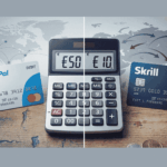 PayPal vs Skrill international fees comparison showing debit cards and calculator with €50 and €10 representing the fee difference between platforms
