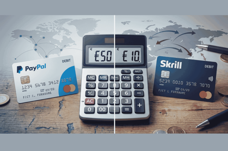 PayPal vs Skrill international fees comparison showing debit cards and calculator with €50 and €10 representing the fee difference between platforms