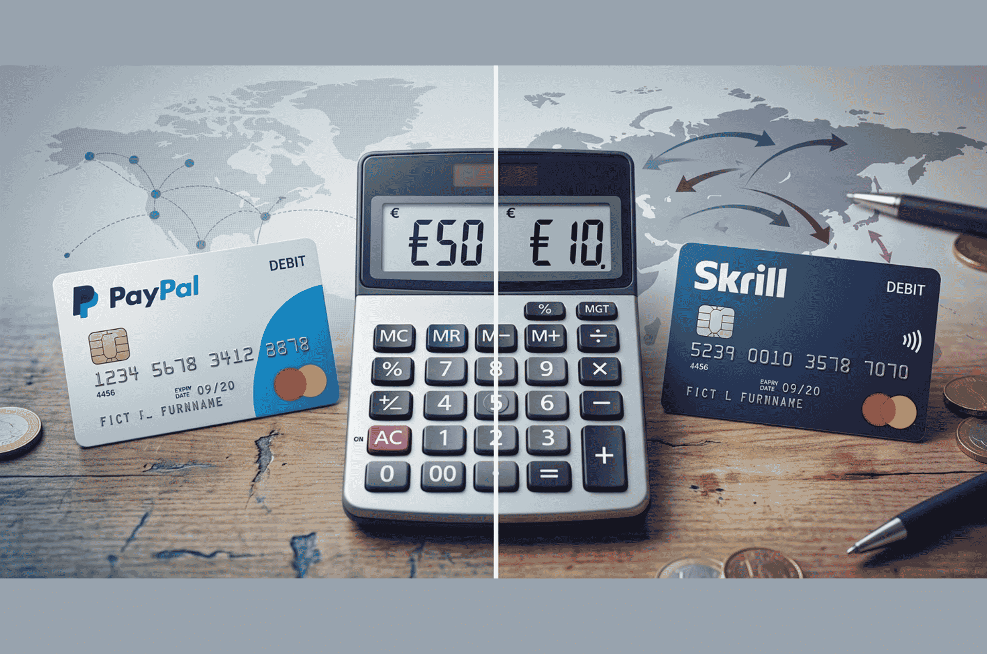 PayPal vs Skrill international fees comparison showing debit cards and calculator with €50 and €10 representing the fee difference between platforms
