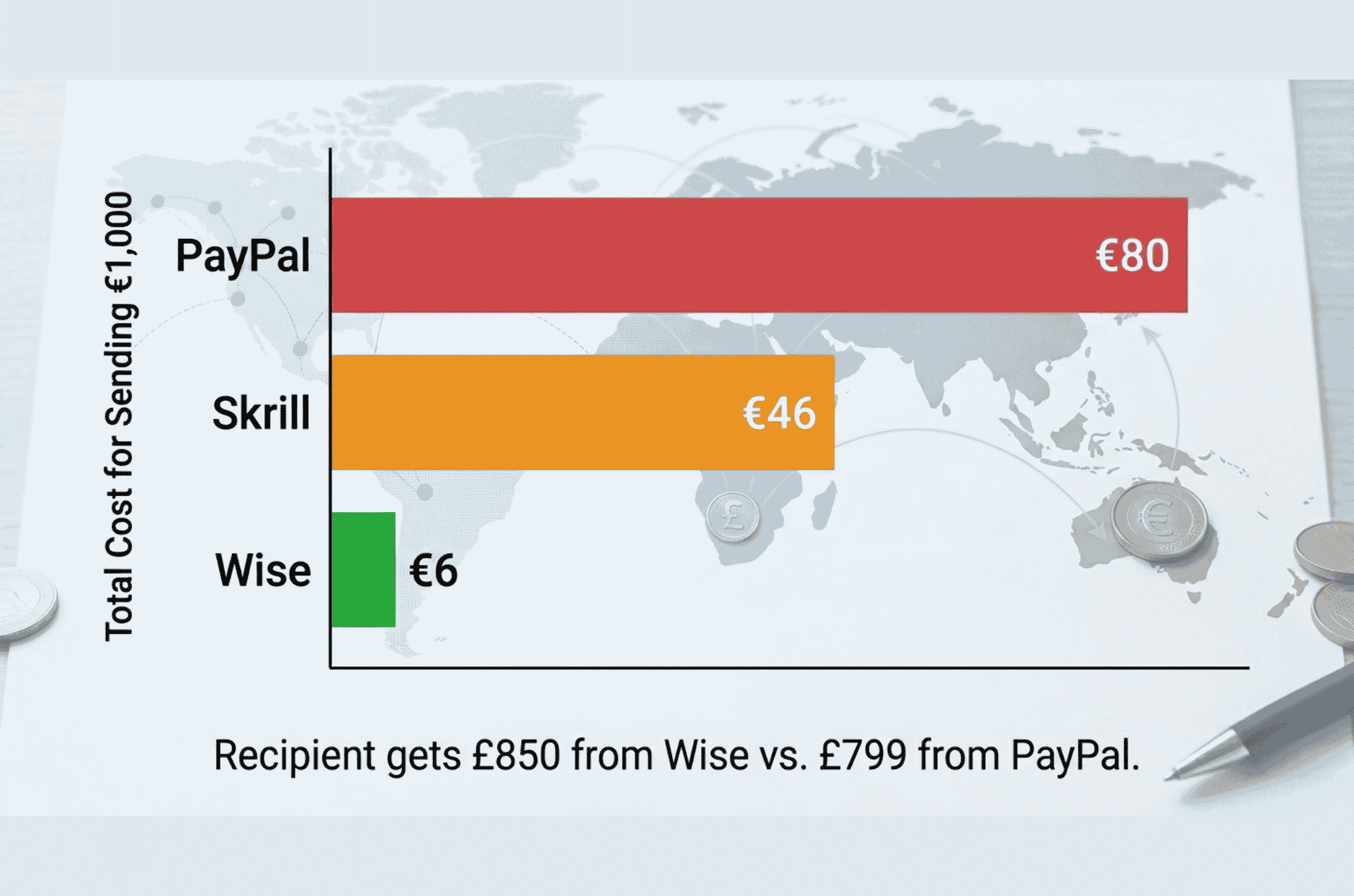 Bar chart comparing total costs for sending 1000 euros internationally: PayPal costs 80 euros, Skrill costs 46 euros, Wise costs only 6 euros