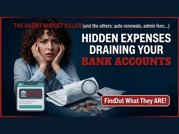 The silent budget killer infographic showing 7 hidden expenses: subscription creep wasting $300-600 annually, convenience tax costing $500-1,500, bank fees taking $100-400, energy vampires adding $100-200, credit card interest stealing $500-2,000, daily $5 leaks totaling $1,000-5,000, and inflation inertia eroding $500-2,000 with total potential waste of $3,000-11,000 per year
