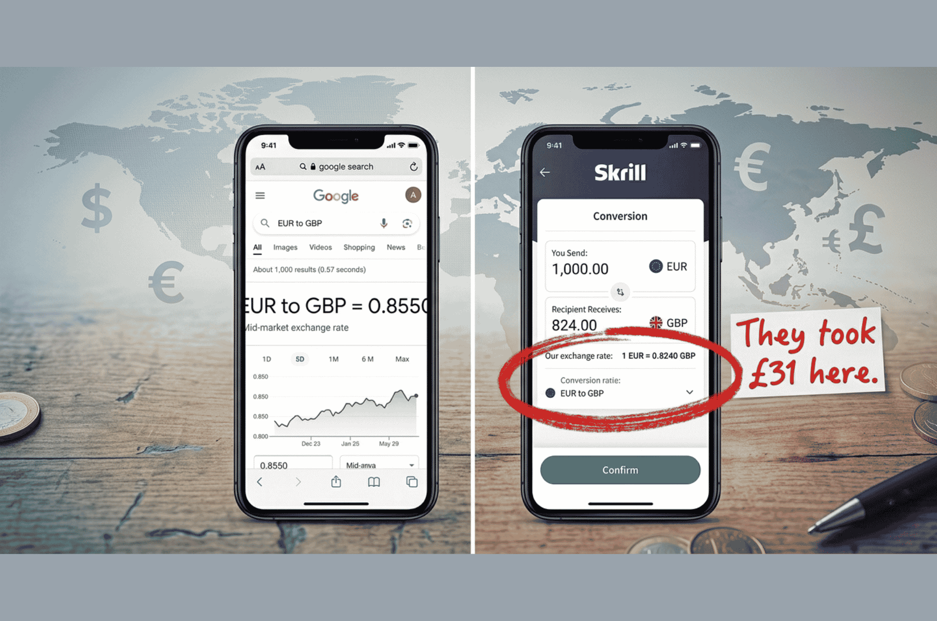 Screenshot comparison showing Google mid-market exchange rate of 0.8550 versus Skrill's hidden markup rate of 0.8240 with red circle highlighting the £31 loss