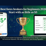 Best forex brokers for beginners 2026 comparison showing smartphone with 5 dollar balance and laptop with broker comparison chart and winner trophy for beginners