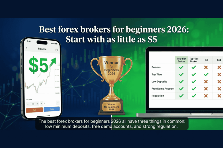 Best forex brokers for beginners 2026 comparison showing smartphone with 5 dollar balance and laptop with broker comparison chart and winner trophy for beginners