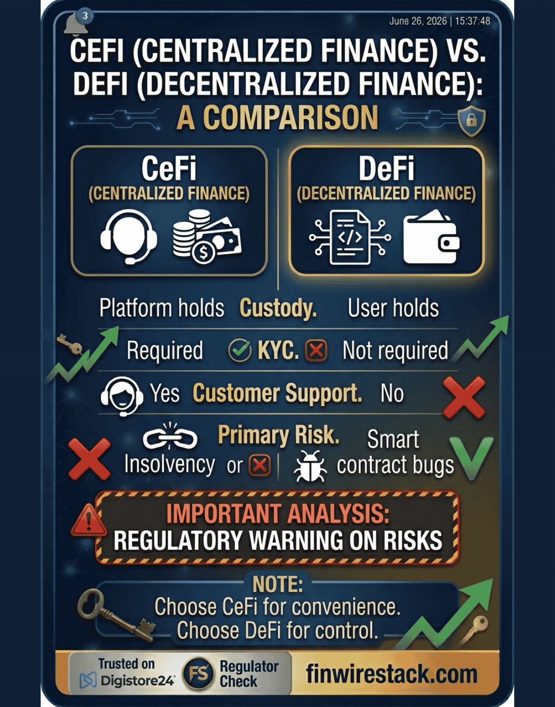 Comparison infographic of centralized finance CeFi and decentralized finance DeFi for crypto lending showing custody, KYC, support, and risk differences