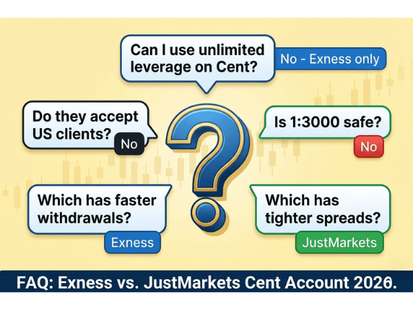 FAQ infographic for Exness vs JustMarkets Cent Account showing answers about unlimited leverage not available on Cent, 1 to 3000 not safe, Exness faster withdrawals, no US clients, and JustMarkets tighter spreads