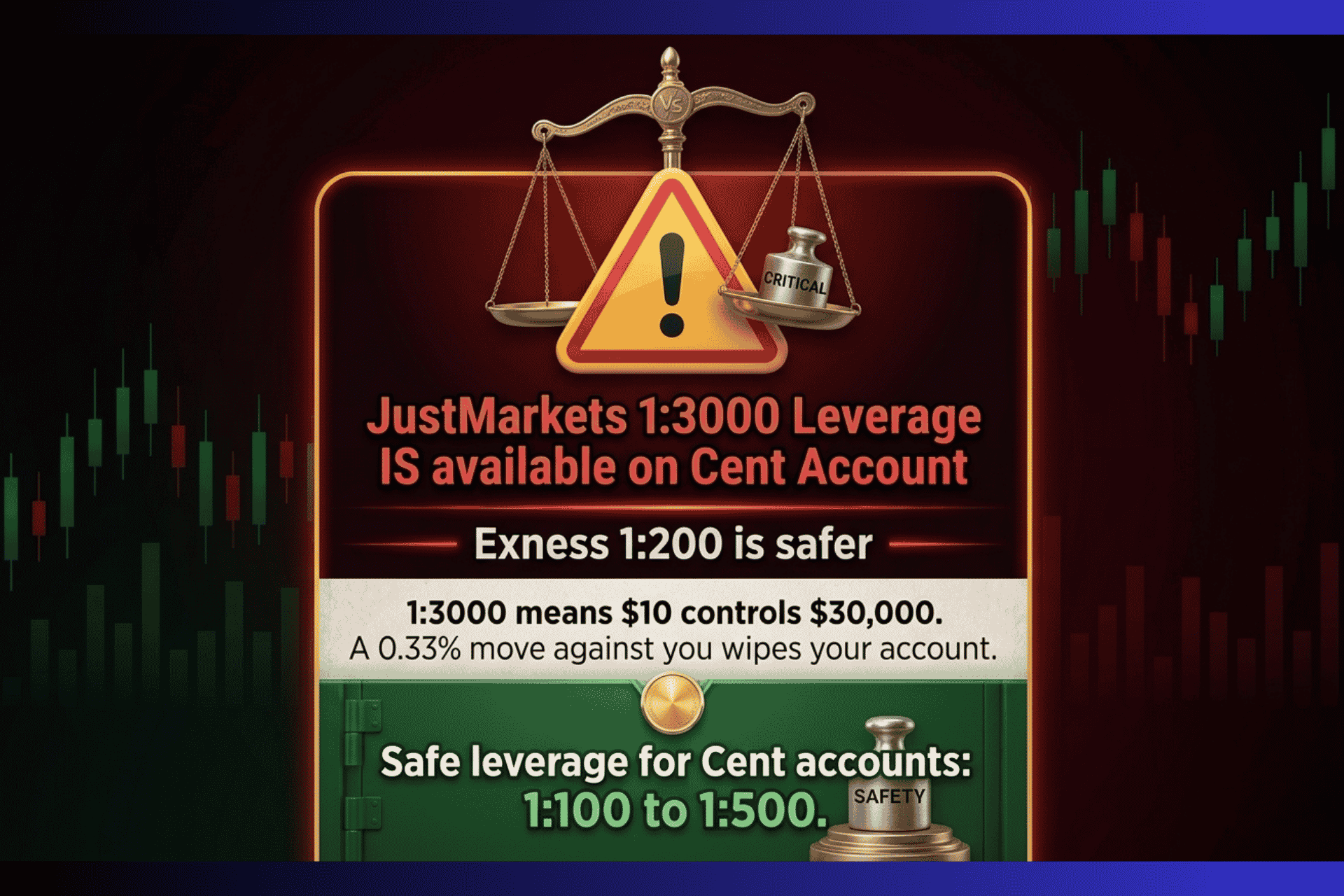 Leverage warning graphic for Exness vs JustMarkets Cent Account showing Exness 1 to 200 leverage on Cent and JustMarkets 1 to 3000 leverage with risk warning