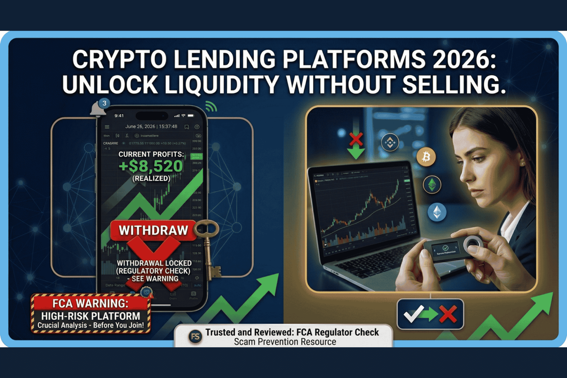 Crypto lending platforms 2026 comparison showing smartphone with loan approval and hardware wallet representing security