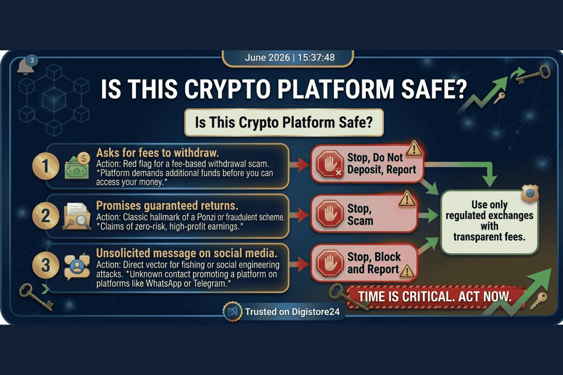 Decision flowchart for crypto platform safety showing if it asks for withdrawal fees or promises guaranteed returns or contacts you unsolicited, stop and do not deposit