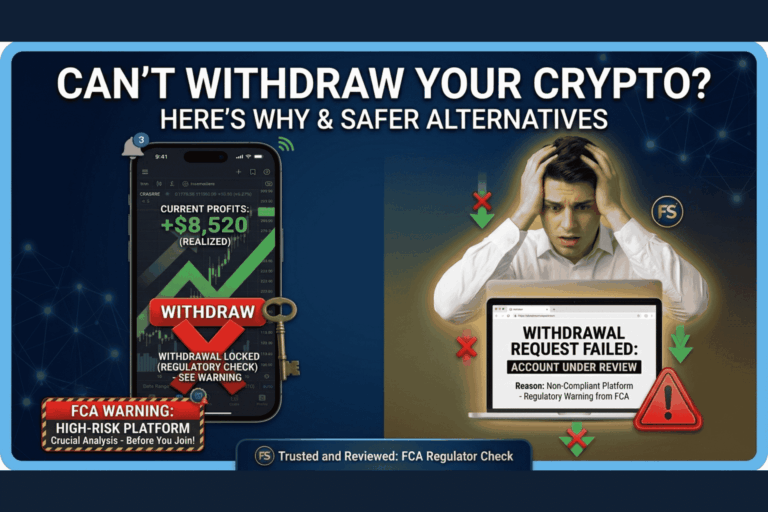 Crypto withdrawal fees scam warning showing smartphone with withdrawal blocked and worried person unable to access funds