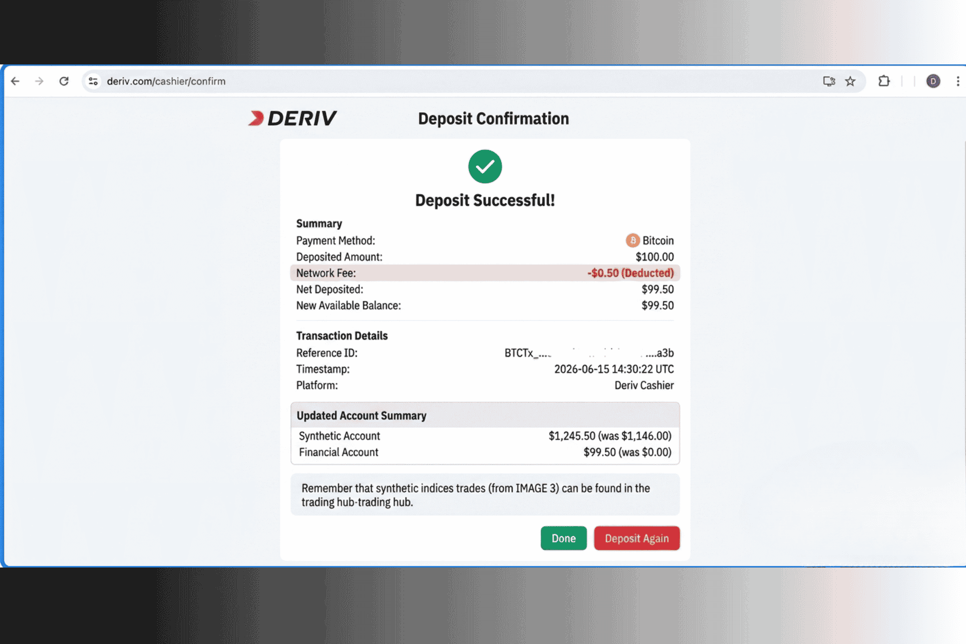 Deriv deposit confirmation showing $0.50 network fee for best trading platforms for beginners 2026