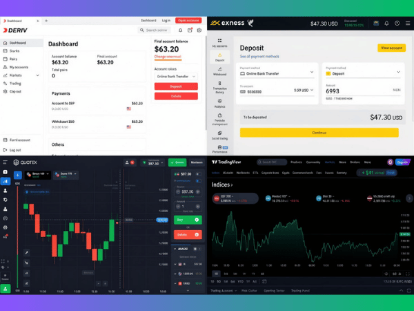 Best trading platforms for beginners in 2026 comparison showing Deriv Exness Quotex and TradingView dashboards