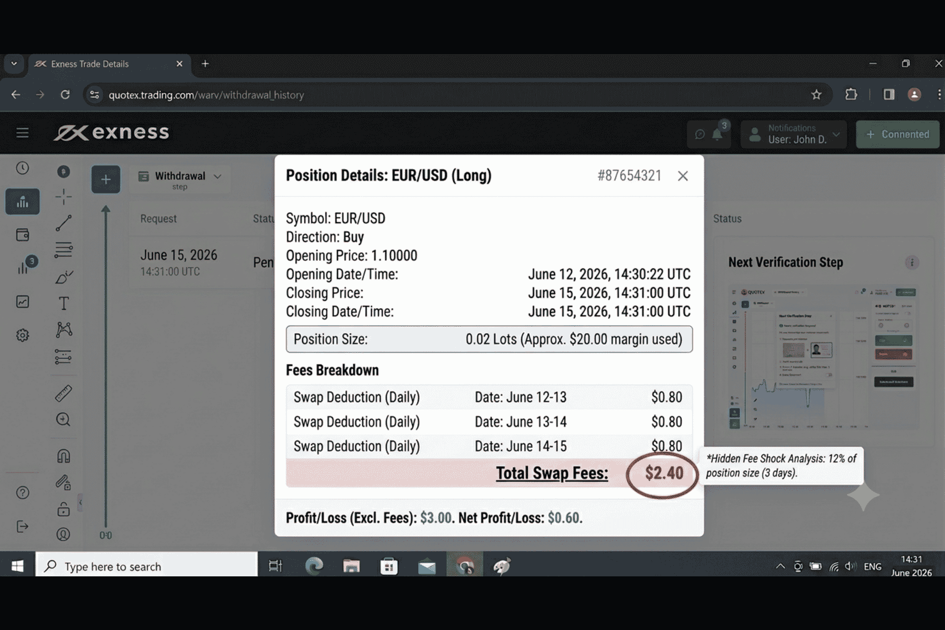 Exness overnight swap fee of $2.40 charged for the best trading platforms for beginners 2026