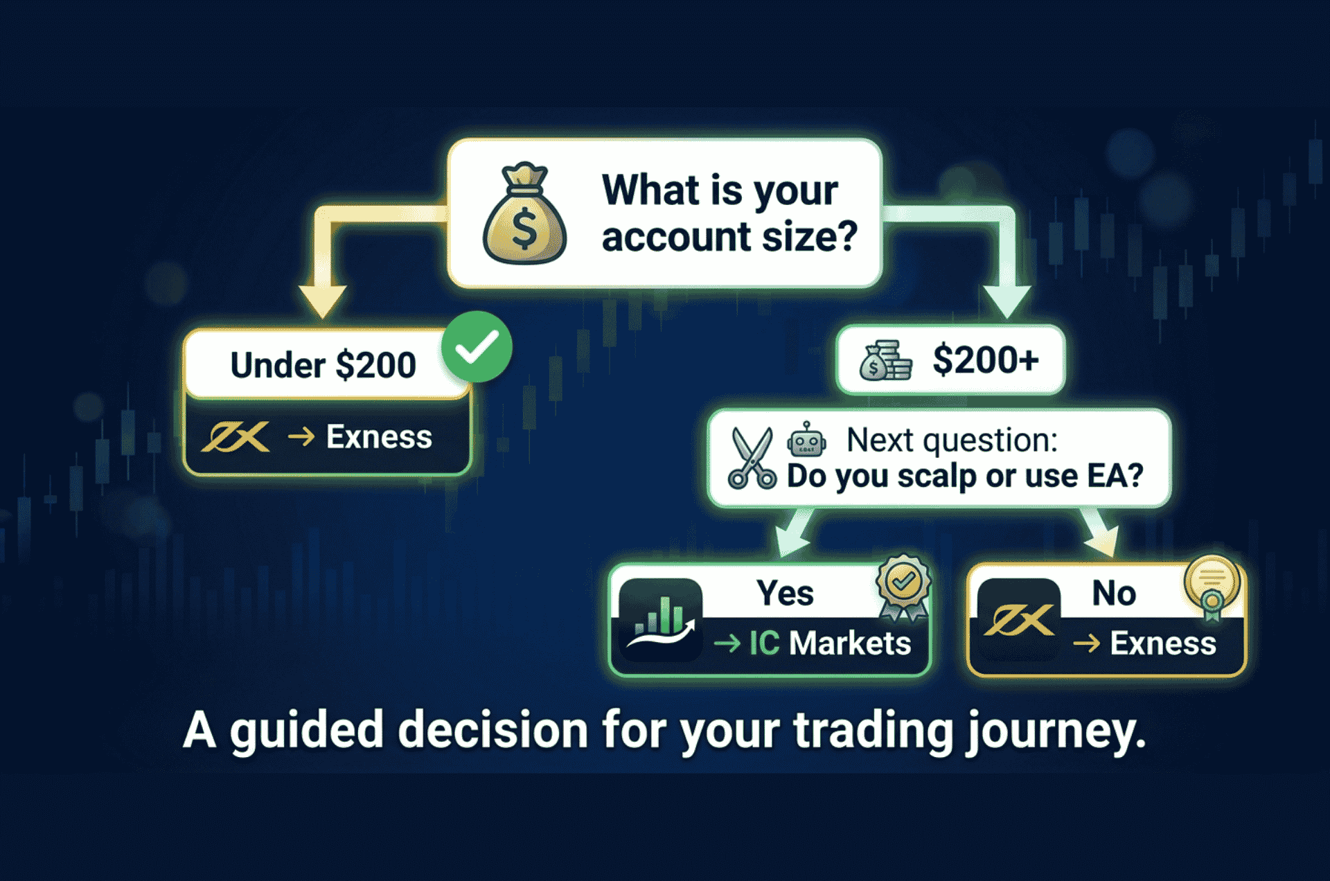 Decision flowchart for Exness vs IC Markets: under 200 dollars choose Exness, over 200 dollars and scalping or EA choose IC Markets otherwise choose Exness