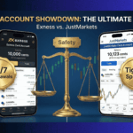 Exness vs. JustMarkets Cent account comparison showing Exness with 24/7 withdrawals badge and JustMarkets with tighter spreads badge