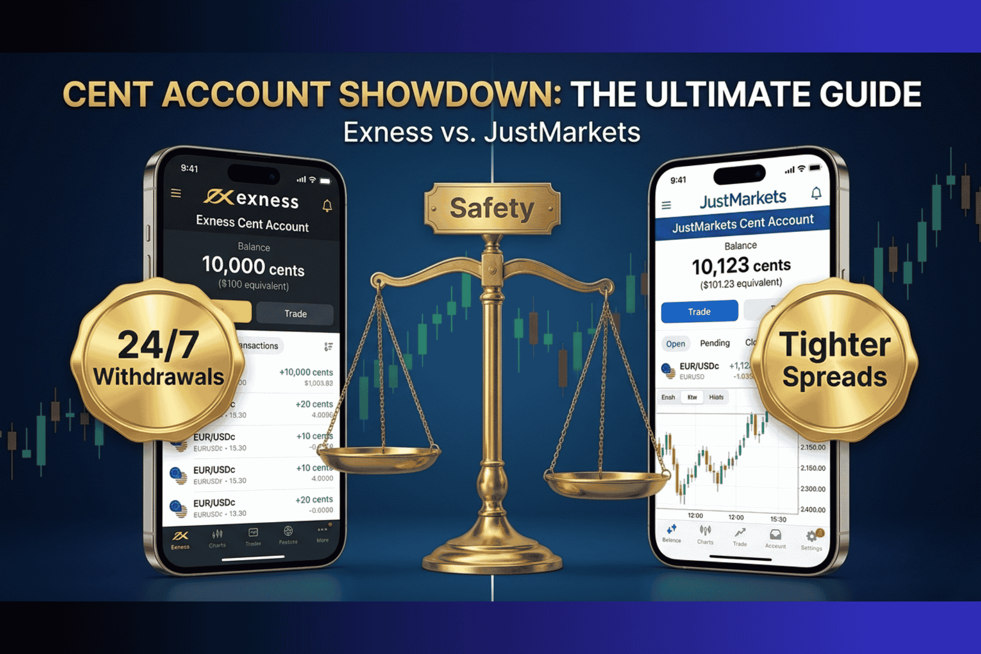 Exness vs. JustMarkets Cent account comparison showing Exness with 24/7 withdrawals badge and JustMarkets with tighter spreads badge