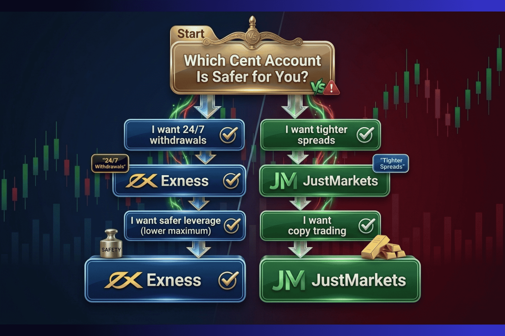 Decision flowchart for Exness vs JustMarkets Cent Account showing choose Exness for 24/7 withdrawals and lower leverage, choose JustMarkets for tighter spreads and copy trading