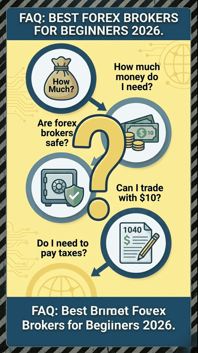FAQ infographic for best forex brokers for beginners 2026 showing common questions about minimum deposit, safety, trading with small amounts, and taxes