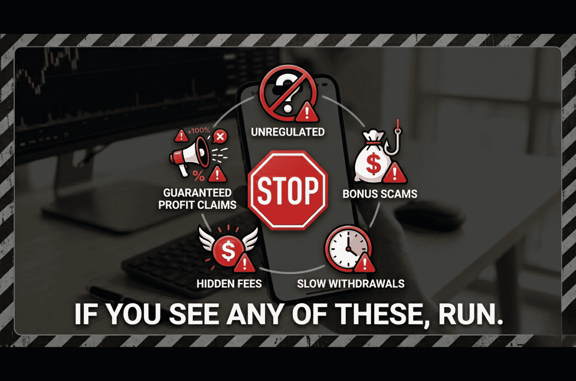 Forex broker red flags: Unregulated, bonus scams, slow withdrawals, hidden fees, guaranteed profit claims