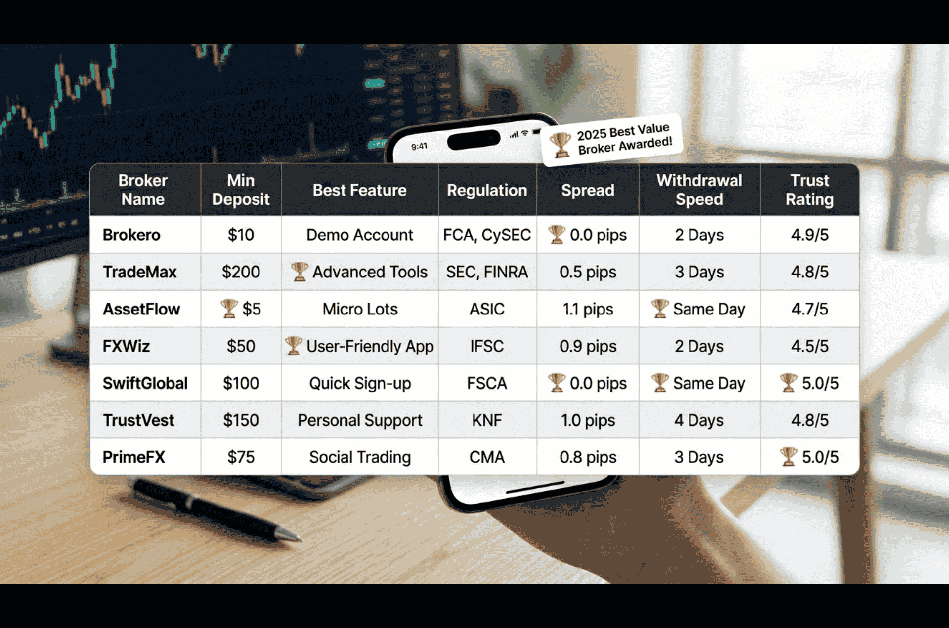 Comparison table of 7 best forex brokers for beginners 2026 showing minimum deposits, best features, regulation, spreads, withdrawal speeds, and trust ratings