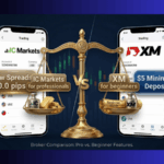 IC Markets vs. XM comparison showing IC Markets with raw spreads 0.0 pips badge and XM with 5 dollar minimum deposit badge