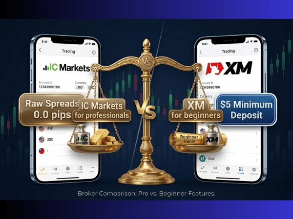 IC Markets vs. XM comparison showing IC Markets with raw spreads 0.0 pips badge and XM with 5 dollar minimum deposit badge