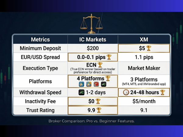 IC Markets vs. XM comparison table showing minimum deposits, spreads, execution types, platforms, withdrawal speeds, fees, and trust ratings