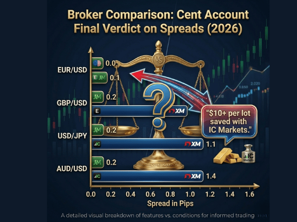 Bar chart comparing spreads between IC Markets and XM showing IC Markets at 0.0 to 0.2 pips and XM at 1.1 to 1.4 pips