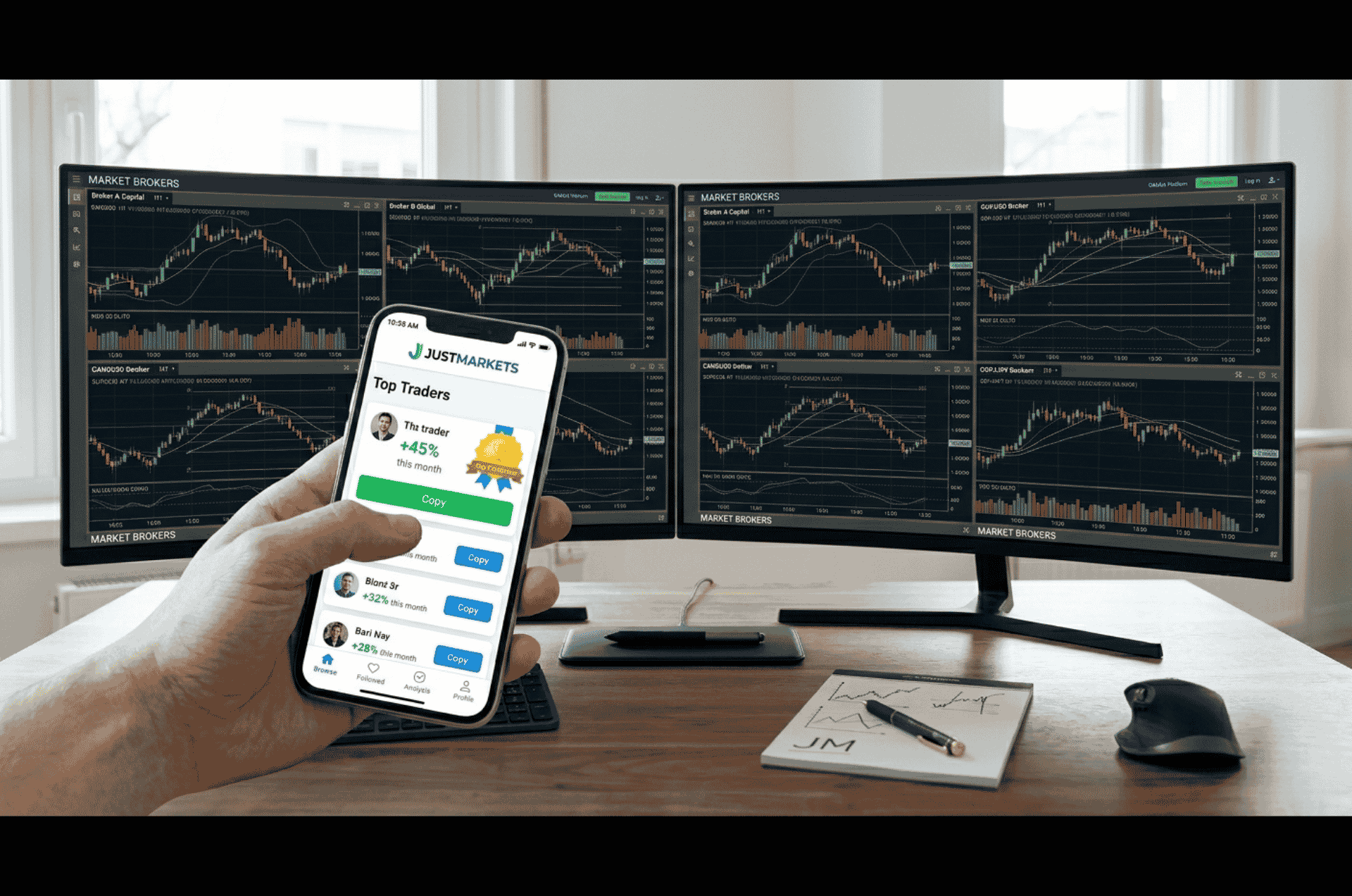 JustMarkets copy trading interface showing top traders with their monthly returns and copy buttons for beginners to follow, for the best forex brokers