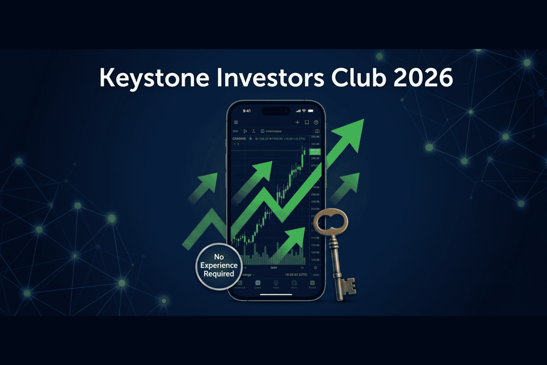 Keystone Investors Club 2026 showing smartphone with crypto chart trending up and key icon for access