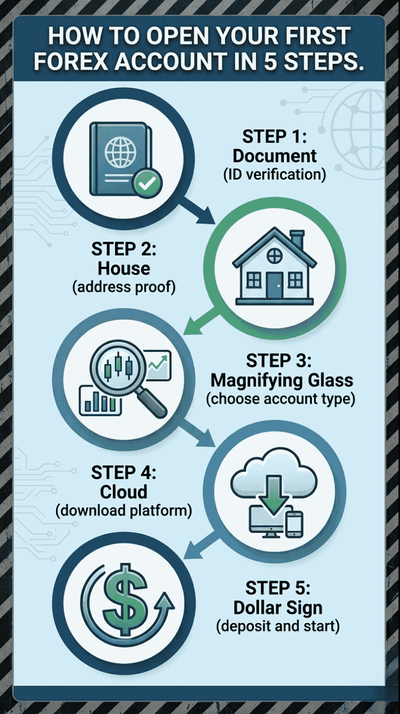 Infographic showing 5 steps to open first forex account: ID verification, address proof, choose account type, download platform, deposit and start